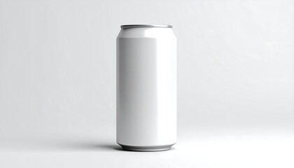 Blank white aluminum beverage can on a light gray surface
