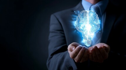 Businessman Holding Digital Light Bulb Brain Illustration in Dark Background