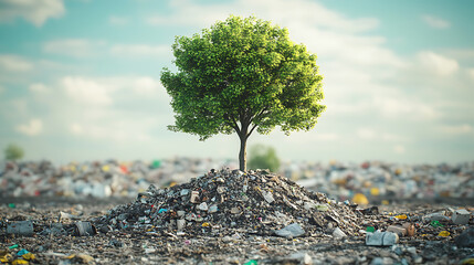 recycling and nature themes: photos of trees sprouting from waste, Earth held above trash, and green initiatives with ample blank spaces for environmental messages.