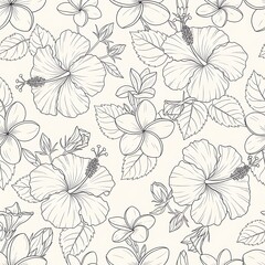 Obraz premium Elegant line art hibiscus and plumeria floral seamless pattern design