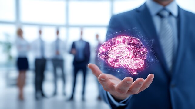 Businessman Holding Digital Brain in Modern Office with Group of Professionals in Background