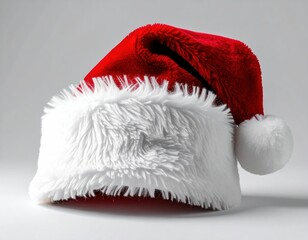 A red Santa hat with a fluffy white brim and pom-pom sits against a neutral backdrop, suggesting holiday cheer and seasonal celebration