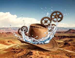 A floating cowboy hat with gears and a splash of water against a desert backdrop under a sunny, blue sky creates a surreal collage