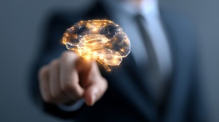 Businessman Touching Digital Brain Illustration in Futuristic Technology Concept