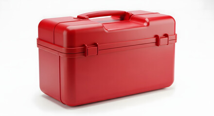 Red plastic carrying case with handle.