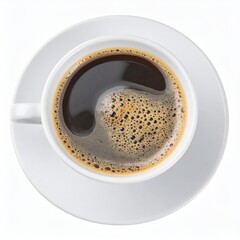 Overhead shot of a cup of dark coffee in a white mug resting on a white saucer, all set against a stark white background
