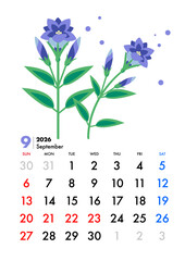 9月カレンダー,縦型カレンダー,リンドウの花,祝日,日曜始まり,日本