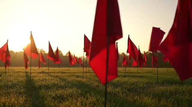 Field of red flags under a golden sunset
