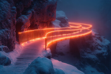 Light trails cutting through snowy landscape in long exposure photo.