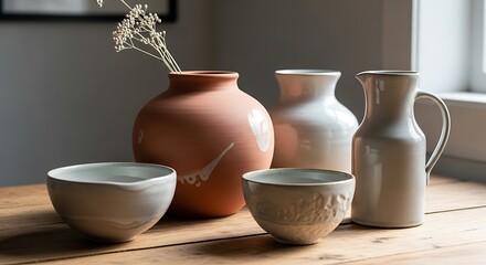 Elegant ceramic still life displaying artisan vases and bowls on wood table