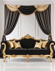 Ornate black velvet sofa with gold trim and pillows beneath draped curtains in a luxurious, upscale, opulent setting with detailed paneling