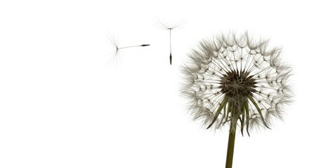 Ephemeral beauty dandelion with flying seeds on white, fragile and delicate