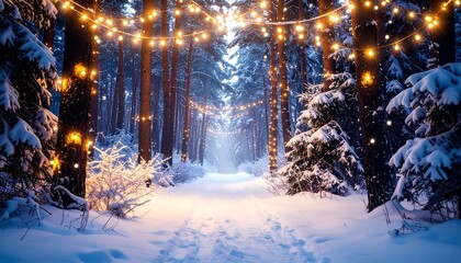 A snowy forest path, adorned with twinkling string lights, leads into a misty, enchanting winter scene