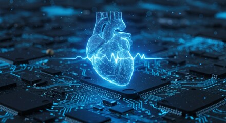 Digital heart glowing on circuit board representing technology innovation