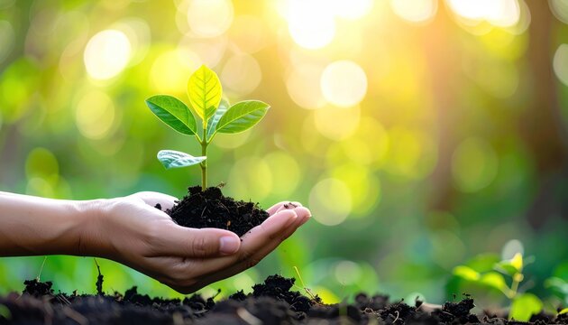 A nurturing hand holds a tiny plant sprouting from soil, set against a blurred backdrop of greenery and bright, sunlit bokeh