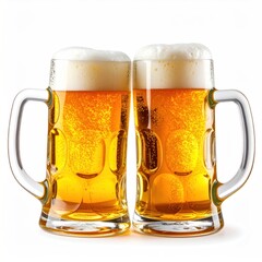 Two glass mugs filled with golden beer and topped with thick white foam, stand side-by-side against a clean, white background