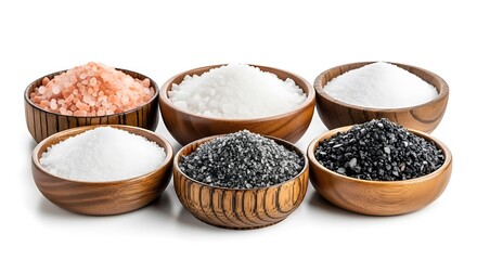 Various types of salt presented in wooden bowls against a white background.