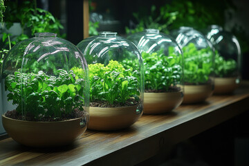 Terrariums lined up with various plants inside.