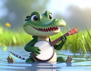 Whimsical cartoon alligator playing banjo in shallow water, rendered in soft colors. Gentle lighting creates a warm, playful scene