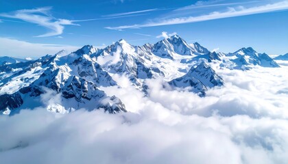 Panoramic aerial view of snow-capped mountain peaks piercing through a sea of fluffy clouds under a bright blue sky