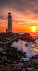 Sunrise Lighthouse Over Rocky Coastline.