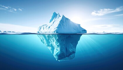 Iceberg floating with visible portion above water and submerged portion below, sun flares shining into water, blue sky