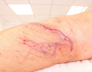 Close-up of a reddish-purple, irregular lesion on a forearm