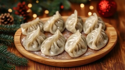 Chinese Dumplings on Wooden Plate with Festive Pine Branches and Ornaments for New Year Spring Festival Food Poster and Invitation Design