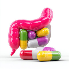 Colorful capsules inside stylized pink intestine model symbolize relief from abdominal pain and GERD
