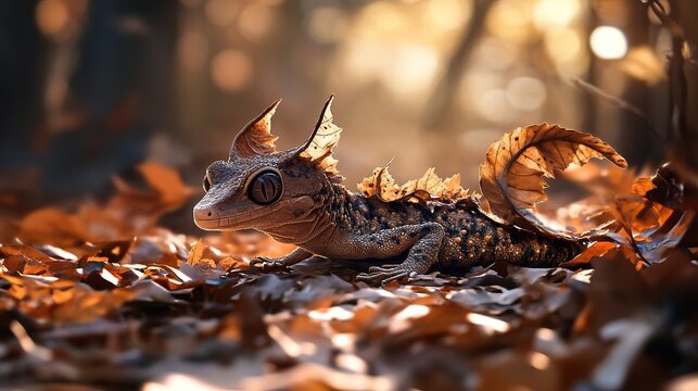 Satanic leaf-tailed gecko curled on a forest floor covered in sunlit fallen leaves, indistinguishable from its surroundings