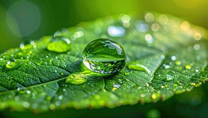 Close-up of a vivid green leaf adorned with glistening water droplets, reflecting light and creating bokeh against a blurred green backdrop