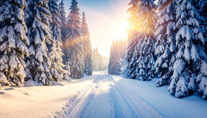 A snowy forest path lined with snow-laden trees, bathed in the golden light of the rising sun, with visible ski tracks
