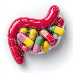 Creative representation of abdominal pain and GERD using colorful capsules shaped like intestines