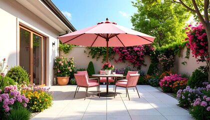 Pink patio,  lush garden, sunny backyard