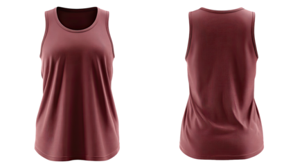 Front and back view of a maroon tank top.  Features a crew neckline and a relaxed fit