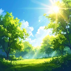 Serene cartoonish view of verdant trees under a bright, sunny sky, depicting nature in a calm and peaceful manner