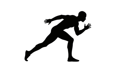 A dynamic black silhouette of a male athlete captured in a powerful sprinting pose, symbolizing speed, energy, and the start of a competitive race.