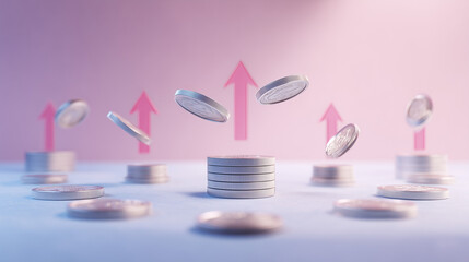 exchange. An abstract representation of financial growth with floating coins and upward arrows on a gradient background. pitch deck slides.