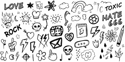 Collection of hand drawn doodle icons and symbols representing rock music love hate and rebellion