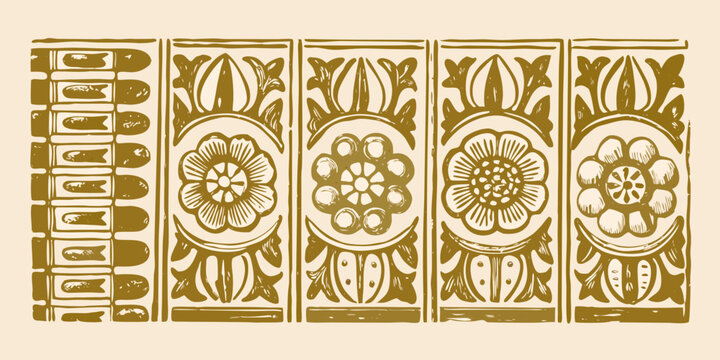 Vintage decorative border pattern with floral motifs and geometric elements in gold and beige