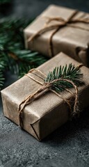 Wrapped gifts with twine and fir sprig on a textured surface.