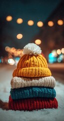 Stack of Colorful Knitted Winter Hats on Snowy Ground.