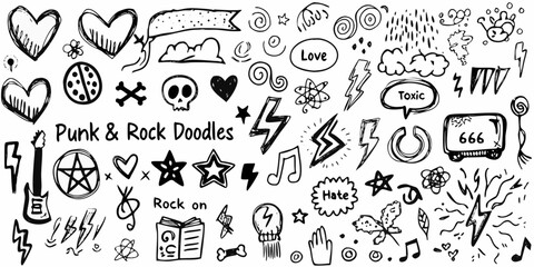 Collection of hand drawn punk rock doodles and symbols including hearts skulls lightning bolts and music notes