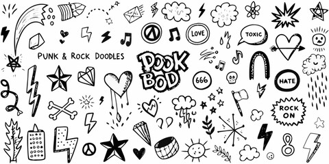 Collection of hand drawn punk and rock music doodles with symbols like hearts stars lightning bolts and skulls
