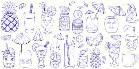 Collection of hand drawn tropical cocktails and fruits with fun faces and tiki elements