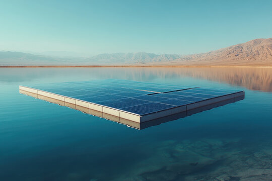Floating solar panel on lake surface - Powered by Adobe