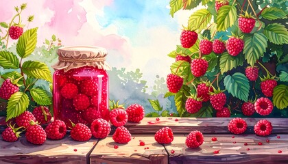 Rustic raspberry jam jar on wooden table, surrounded by fresh berries