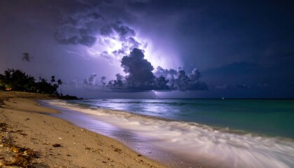 Dramatic seascape featuring lightning illuminating turbulent clouds above a beach with waves washing ashore in a tropical setting
