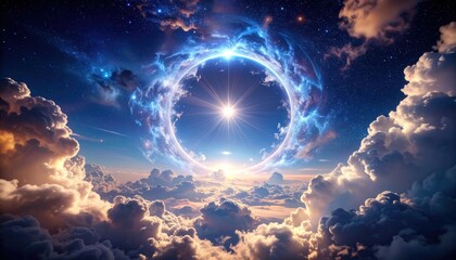 A brilliant starburst emanates from a blue-ringed, swirling portal amidst clouds, creating a dreamlike scene with cosmic energy and ethereal light