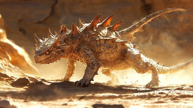Thorny devil walking slowly across a sunlit desert crust, its spiky body matching the surrounding dry texture and color